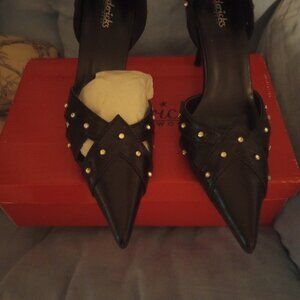 Fredrick of Hollywood blk w/ rhinestone high heel shoes! New boxed!